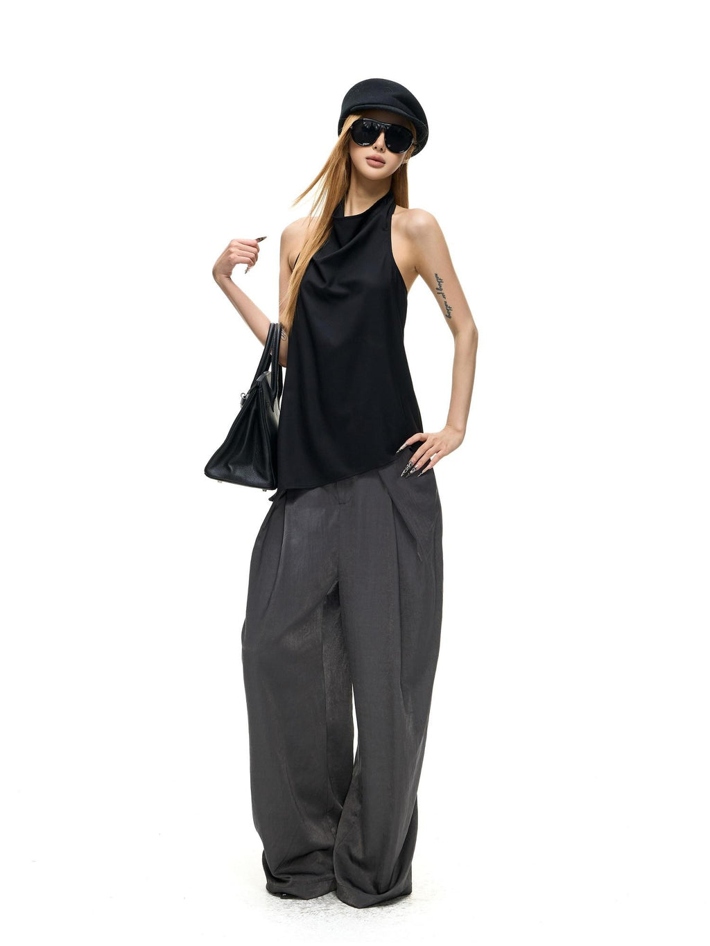 Fanptntox Sculptural I Pleat Faux Acetate Drape Women's Polyester Viscose Wide-leg Pants