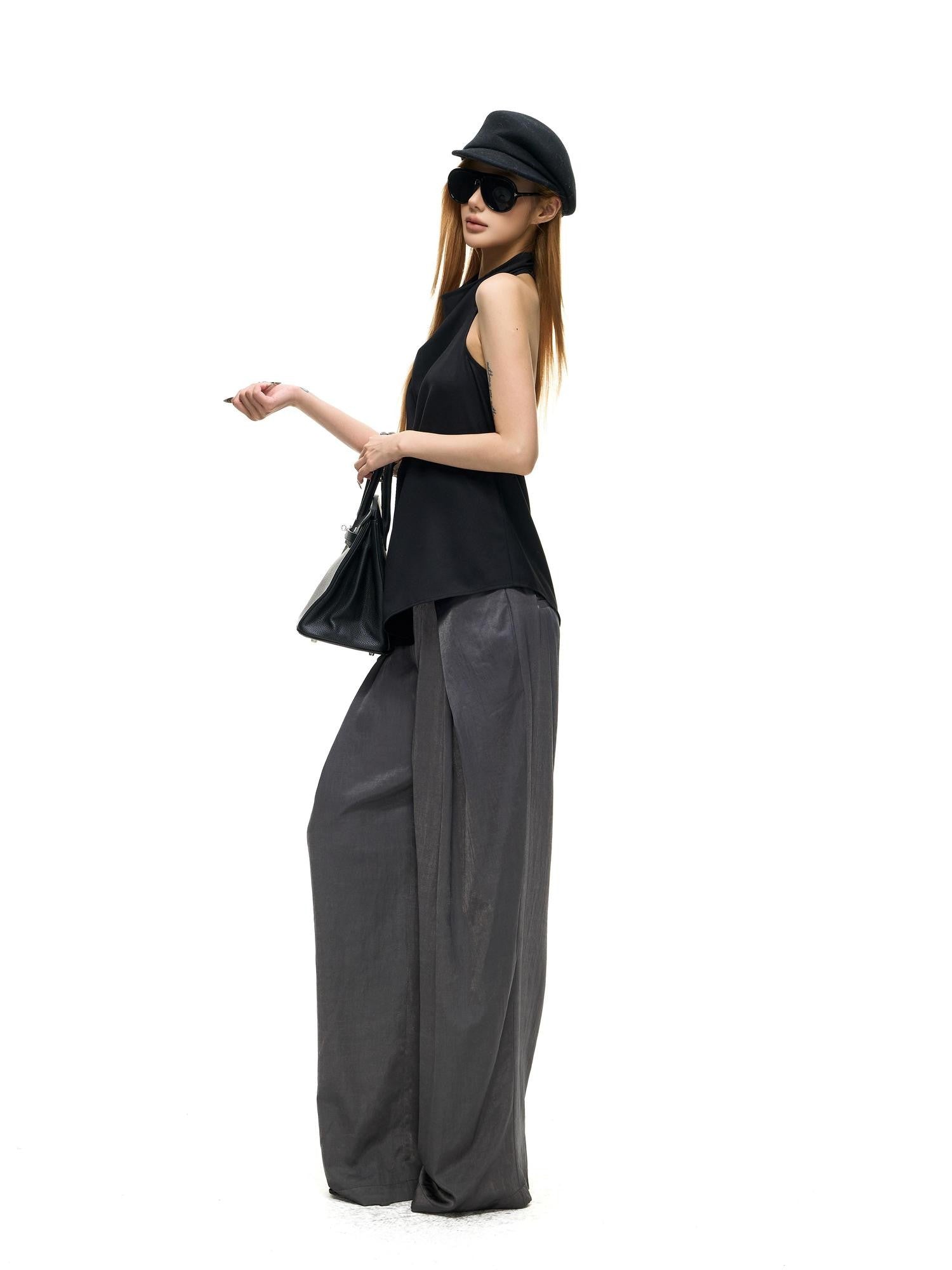 Fanptntox Sculptural I Pleat Faux Acetate Drape Women's Polyester Viscose Wide-leg Pants