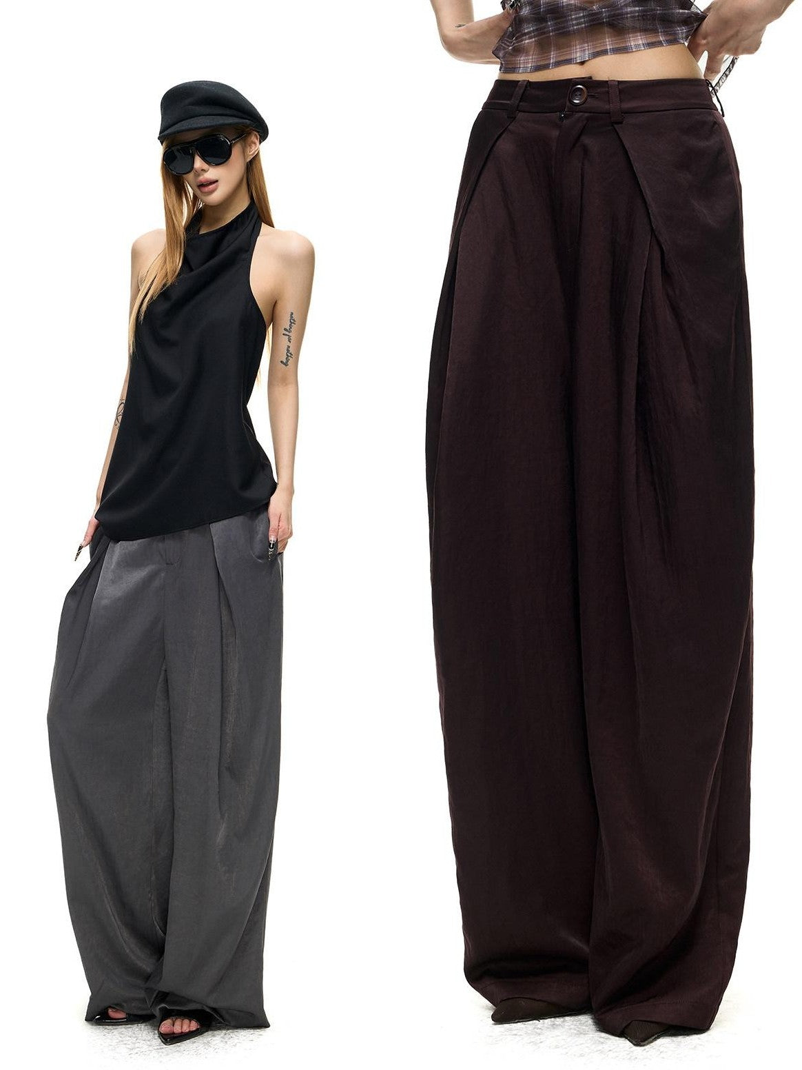 Fanptntox Sculptural I Pleat Faux Acetate Drape Women's Polyester Viscose Wide-leg Pants