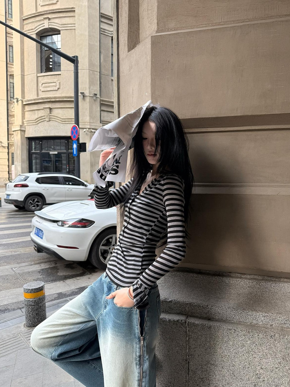 Fanptntox Semi Sheer Striped Half Open Collar Women's Tencel Wool Long Sleeve T-shirts
