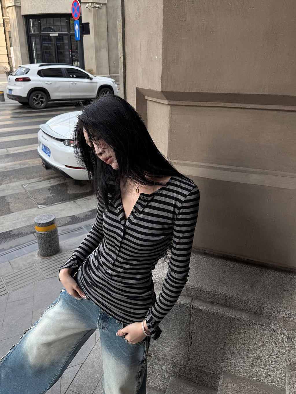 Fanptntox Semi Sheer Striped Half Open Collar Women's Tencel Wool Long Sleeve T-shirts
