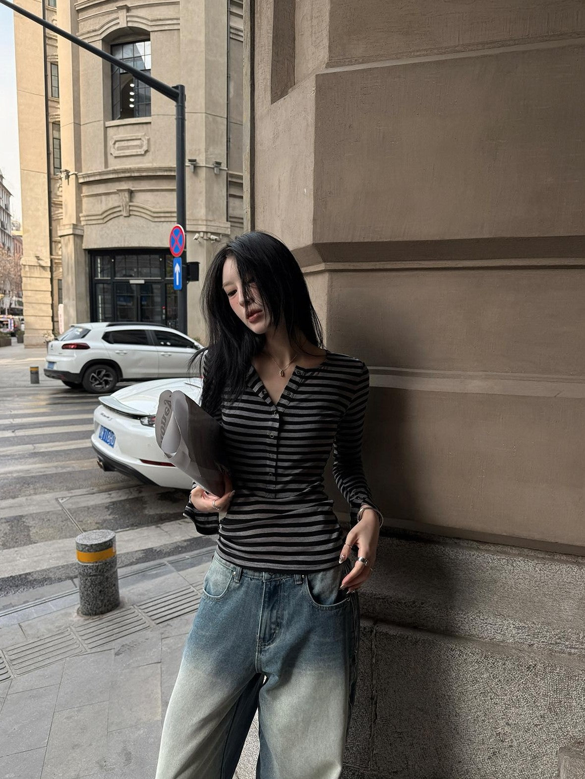Fanptntox Semi Sheer Striped Half Open Collar Women's Tencel Wool Long Sleeve T-shirts