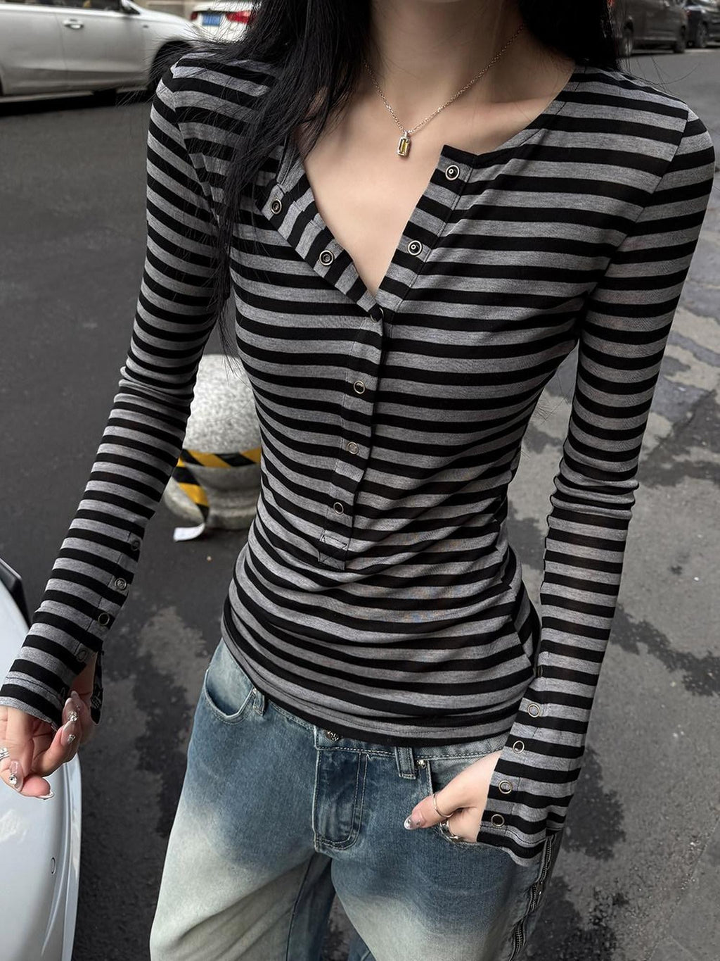 Fanptntox Semi Sheer Striped Half Open Collar Women's Tencel Wool Long Sleeve T-shirts