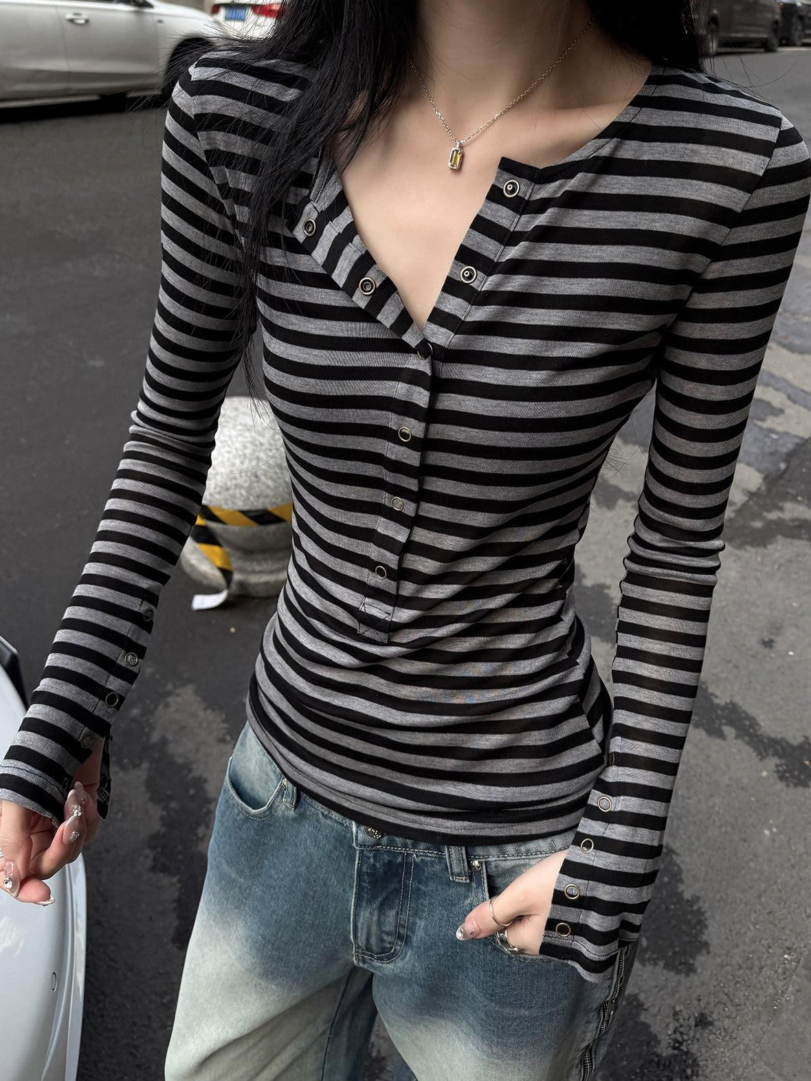 Fanptntox Semi Sheer Striped Half Open Collar Women's Tencel Wool Long Sleeve T-shirts