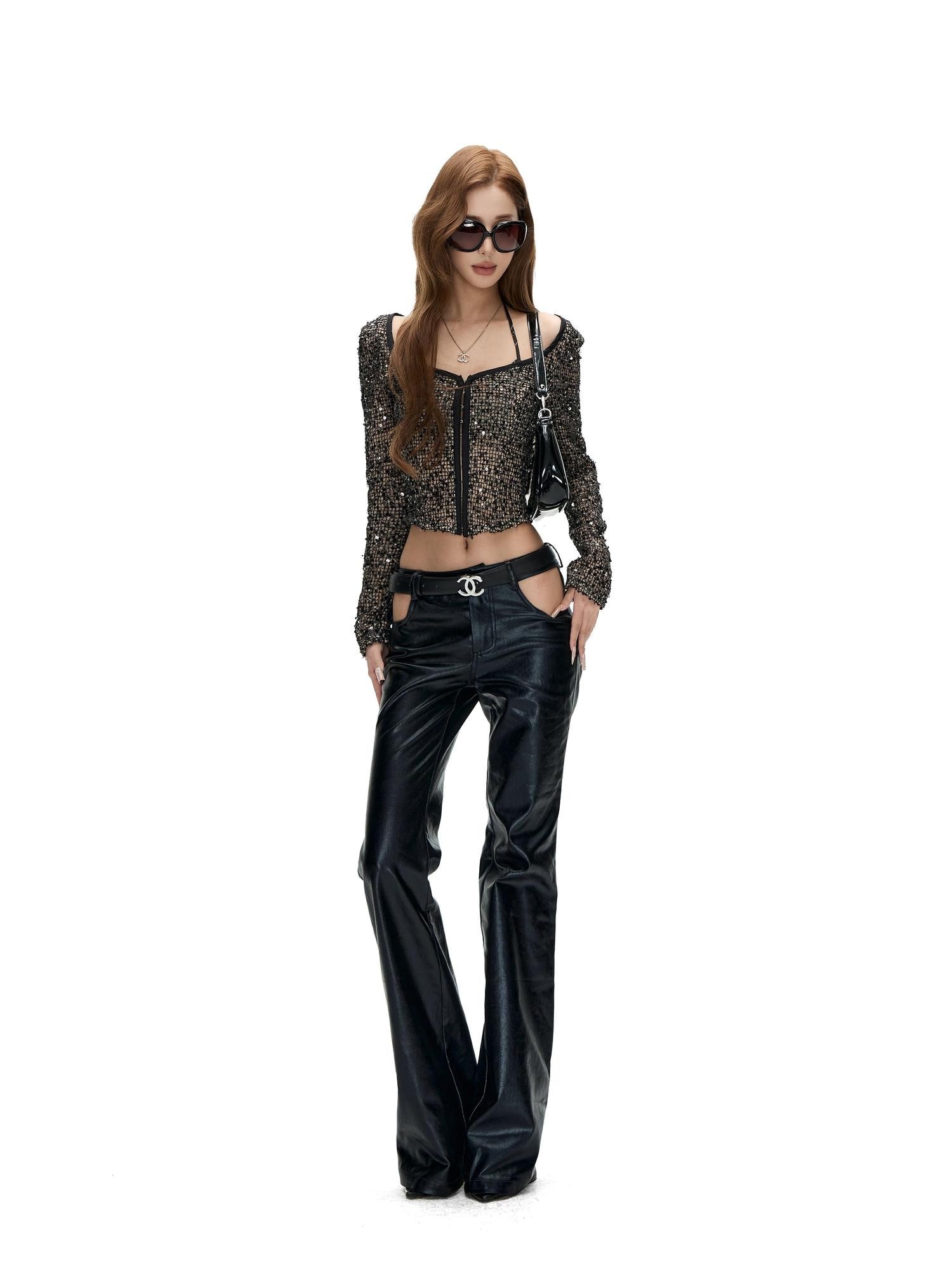 Fanptntox Sequin Embellished Slim Round Neck Buttoned Women's Polyester Cropped Jackets