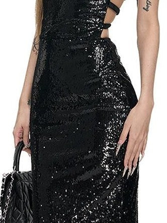 Fanptntox Sequin Halter Fishtail Waist Cinch Women's Polyester Bodycon Maxi Dresses