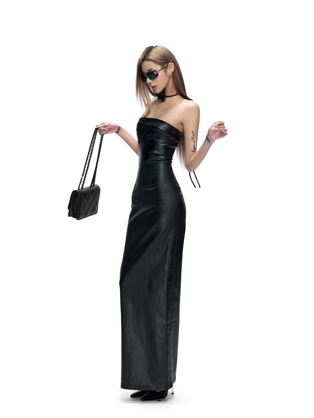 Fanptntox Sexy Black Backless Waist Cinch Bodycon Women's Leather Strapless Maxi Dresses