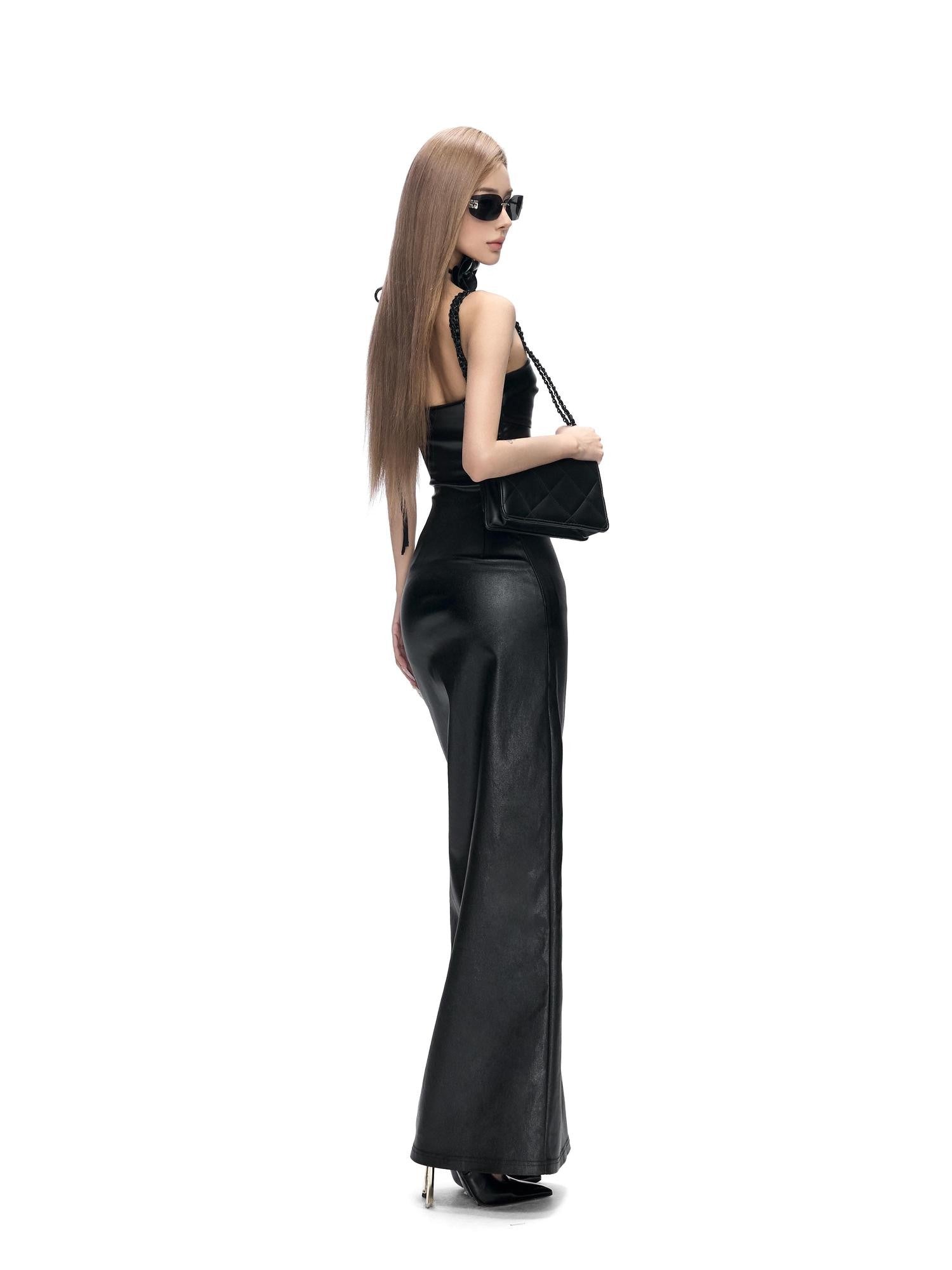 Fanptntox Sexy Black Backless Waist Cinch Bodycon Women's Leather Strapless Maxi Dresses