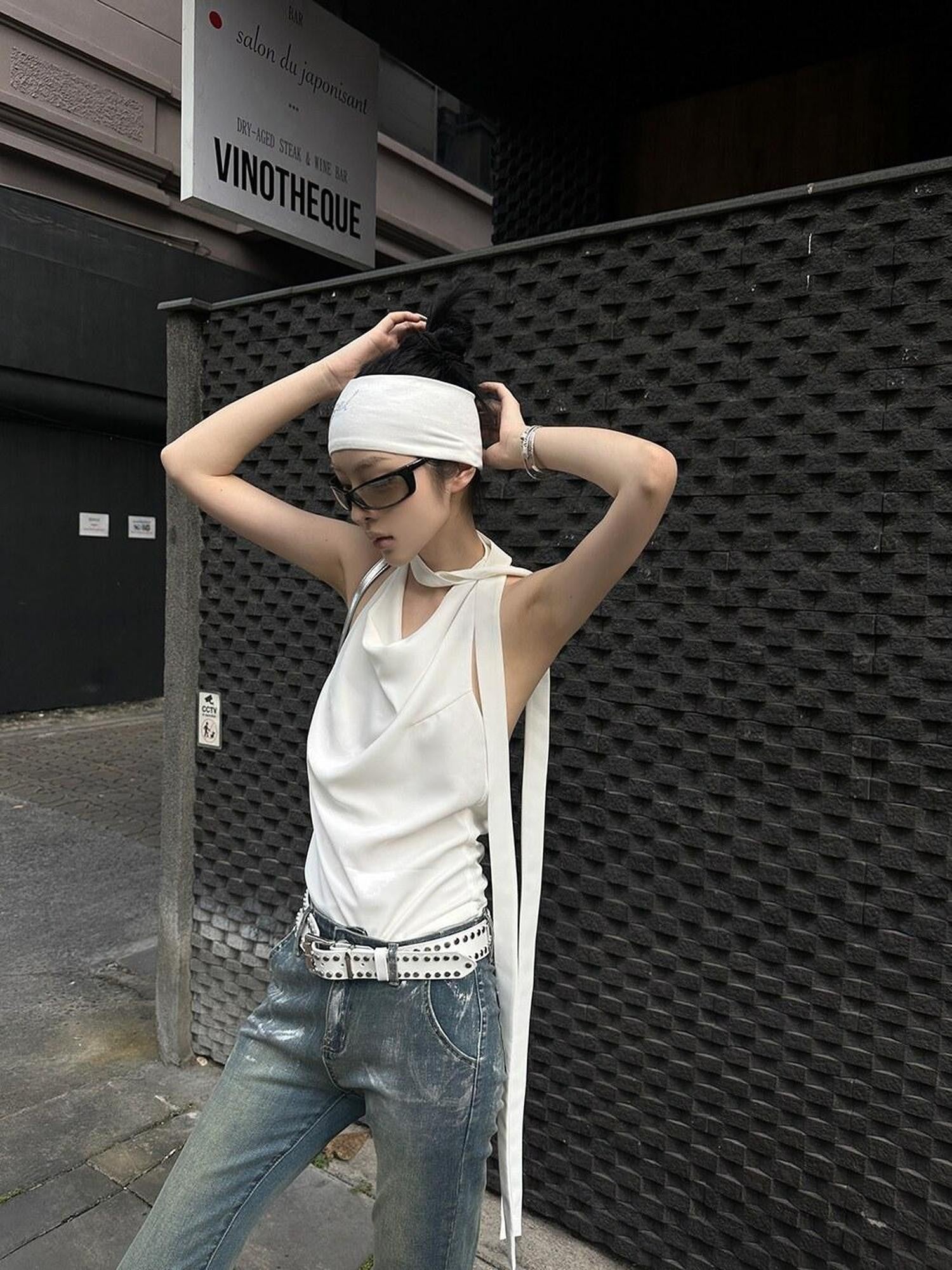 Fanptntox Sexy Plunging Neck Tie Back Solid Backless Women's Halter Tops