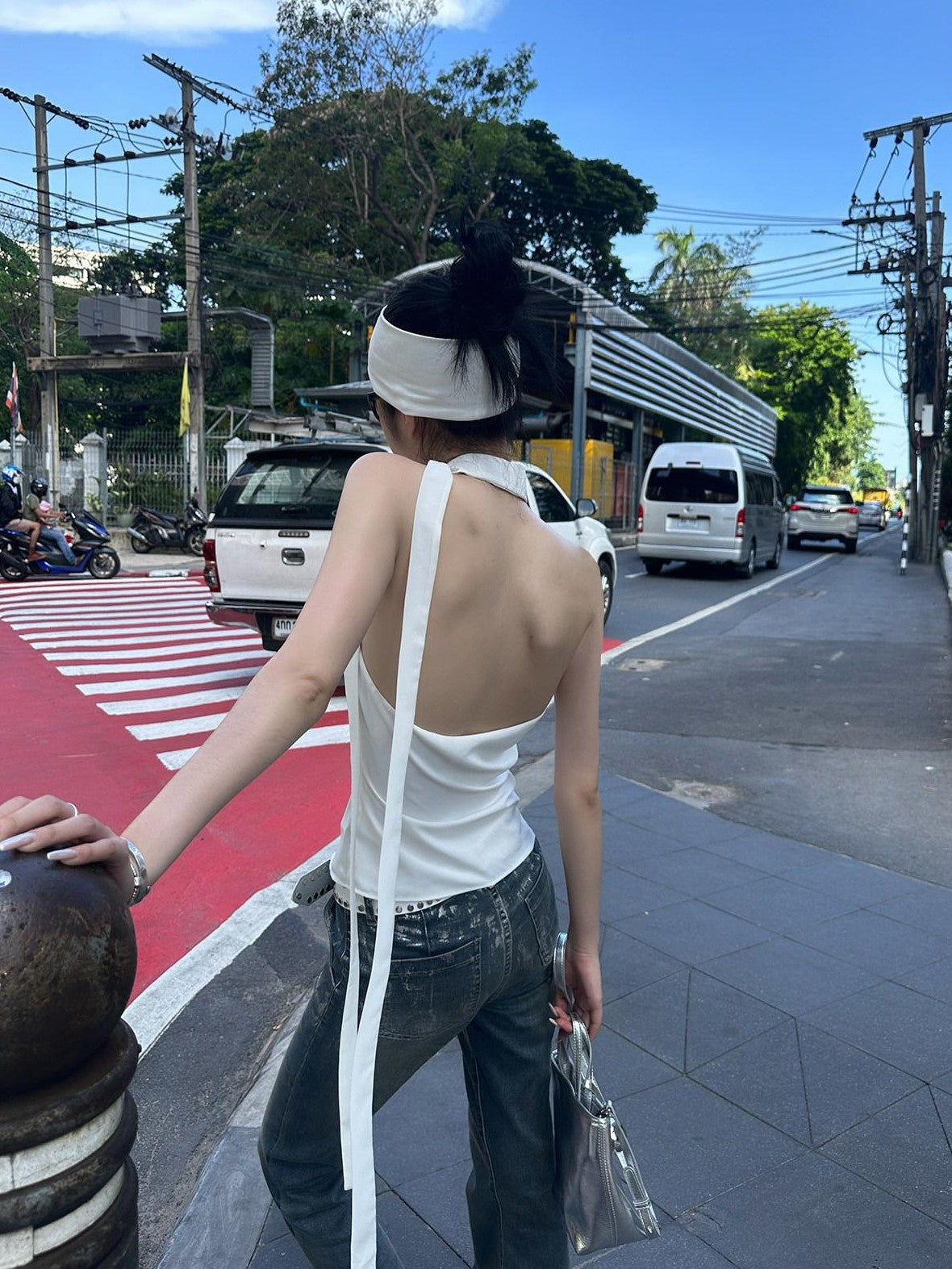 Fanptntox Sexy Plunging Neck Tie Back Solid Backless Women's Halter Tops