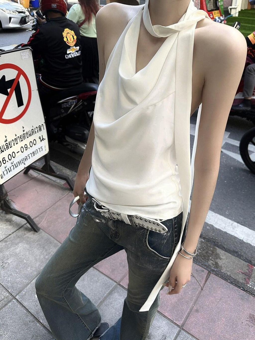 Fanptntox Sexy Plunging Neck Tie Back Solid Backless Women's Halter Tops