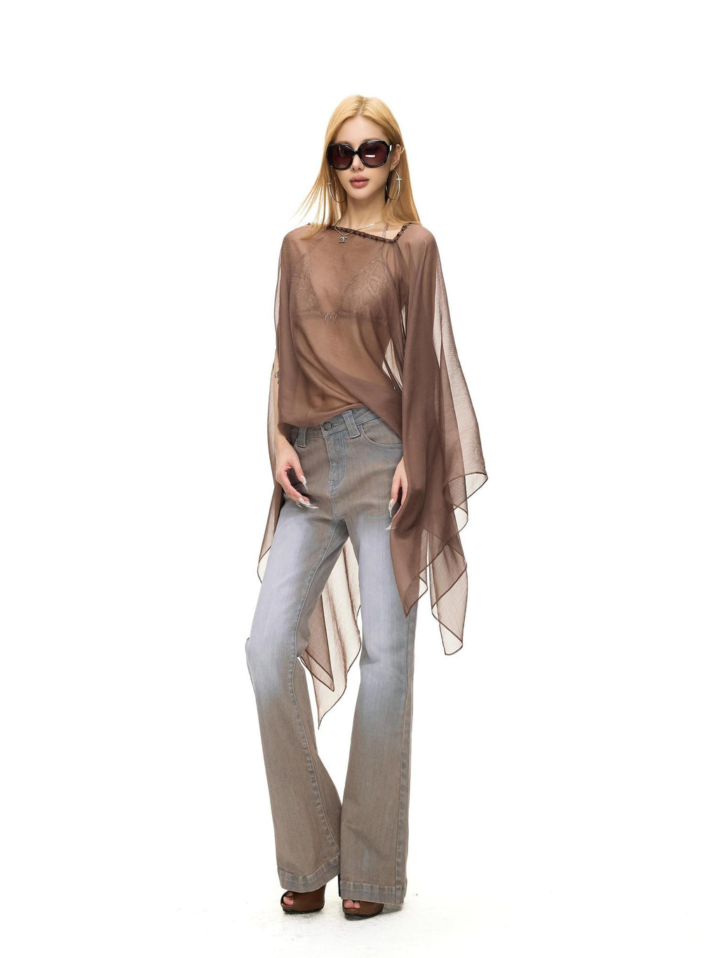 Fanptntox Sheer Beaded Mesh One Shoulder Loose Fit Women's Tunic Blouses
