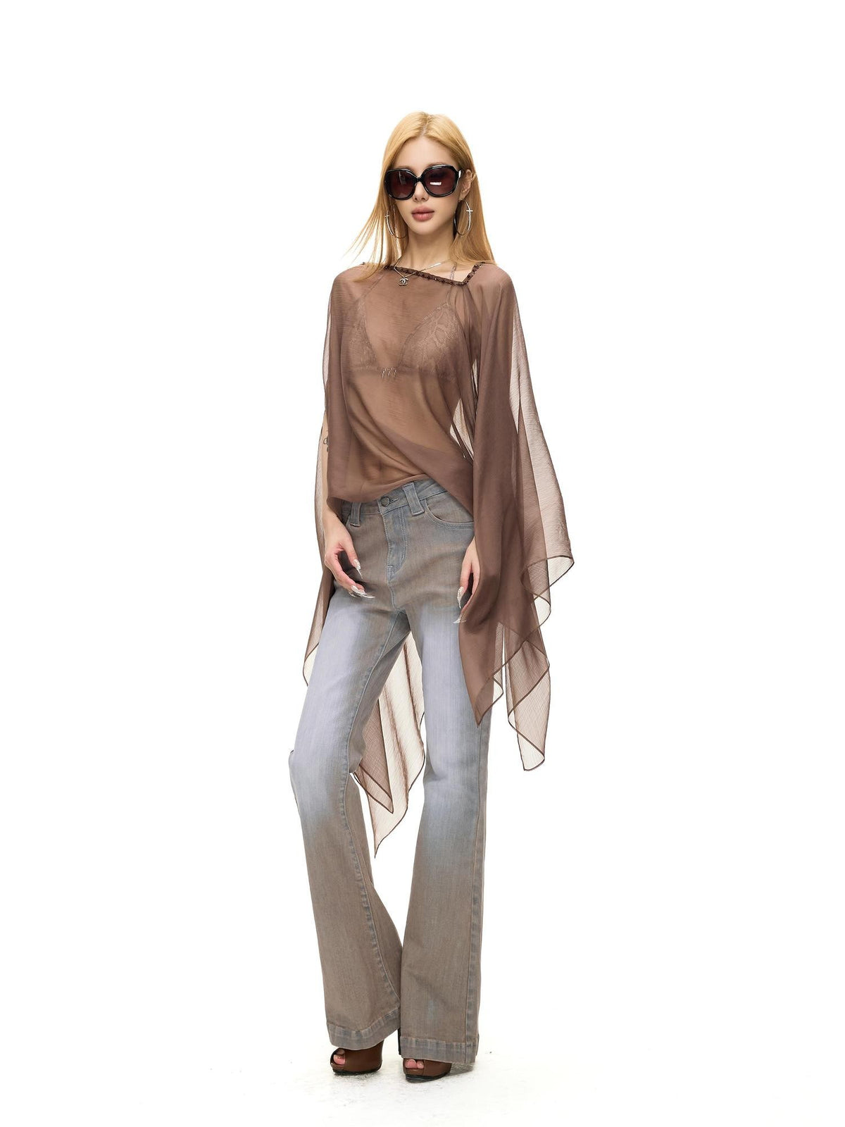 Fanptntox Sheer Beaded Mesh One Shoulder Loose Fit Women's Tunic Blouses