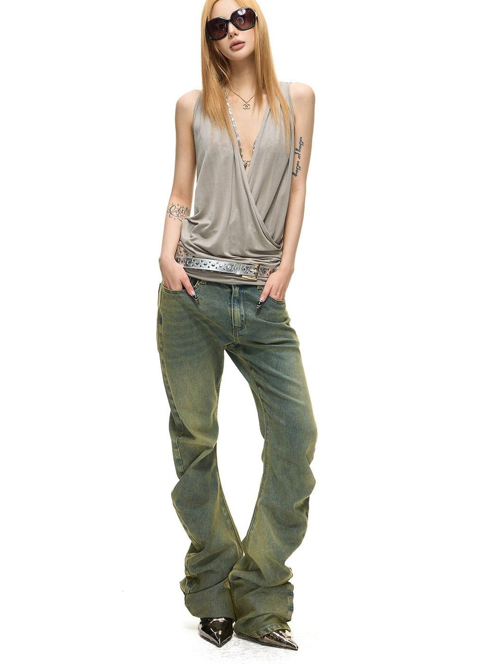 Fanptntox Sheer Cross V-neck Knit H Silhouette Strappy Round Hem Women's Lyocell Camisoles
