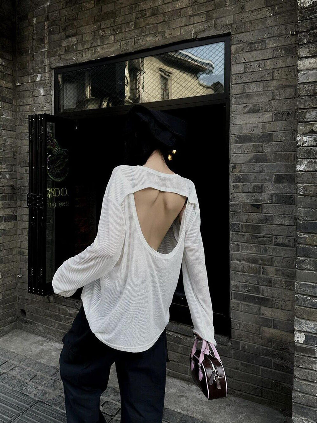 Fanptntox Sheer Open Back Cutout Crewneck Loose Knit Women's Long Sleeve T-shirts