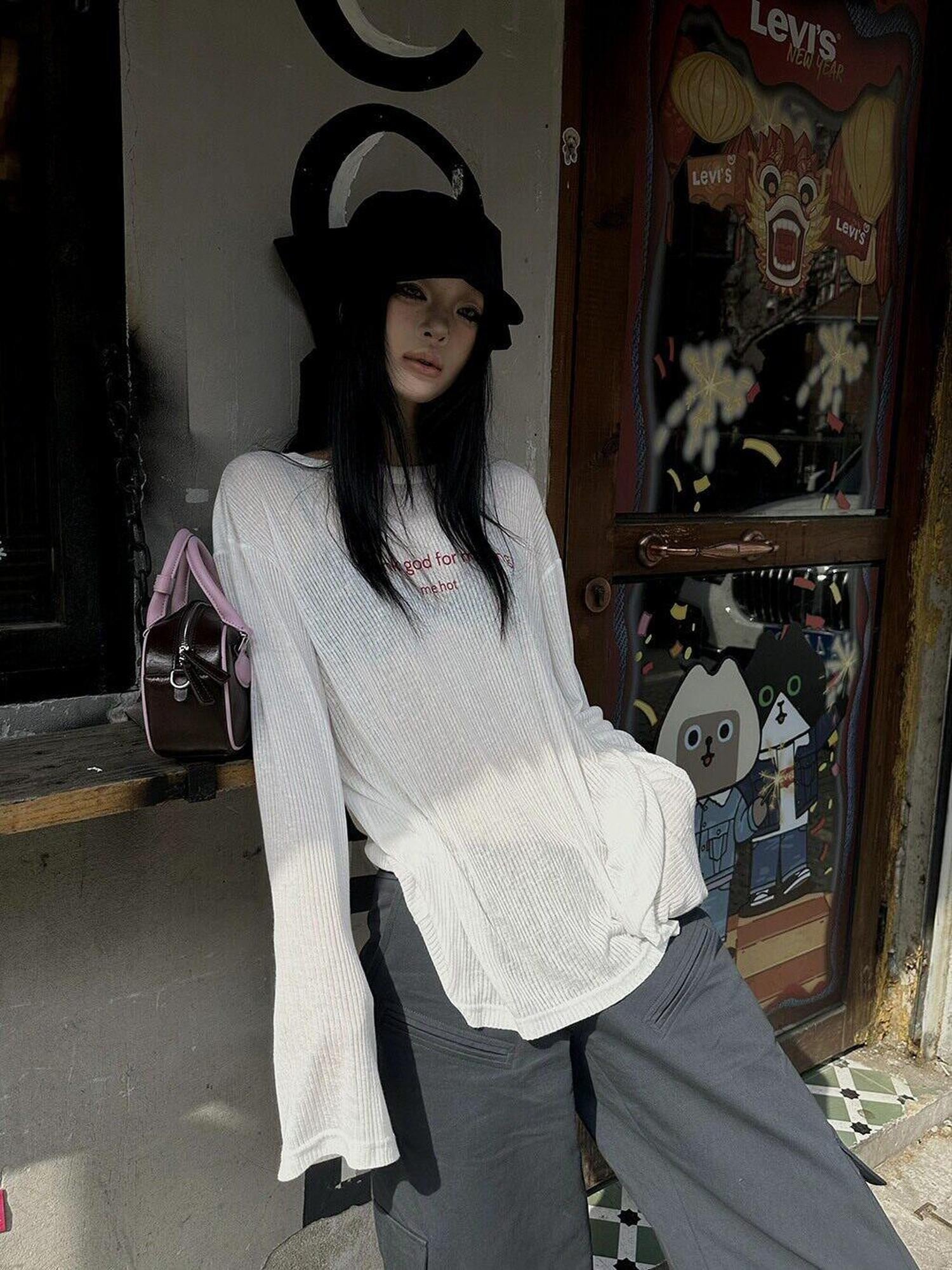 Fanptntox Sheer Open Back Cutout Crewneck Loose Knit Women's Long Sleeve T-shirts