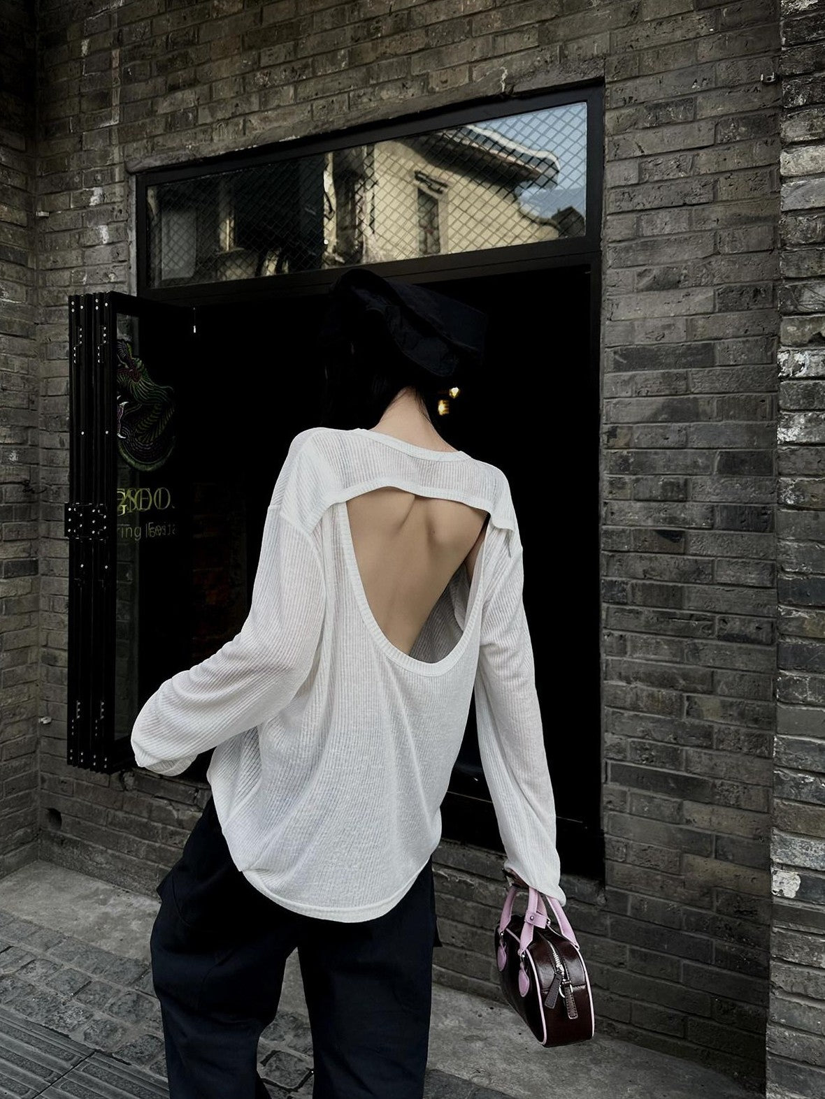 Fanptntox Sheer Open Back Cutout Crewneck Loose Knit Women's Long Sleeve T-shirts