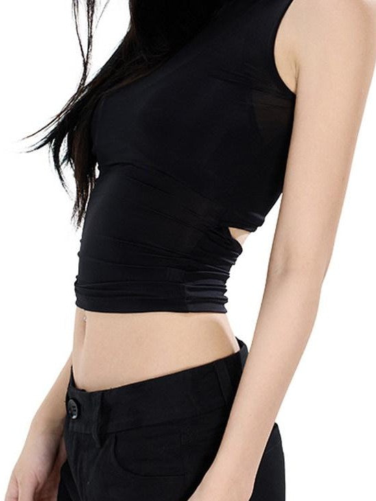 Fanptntox Sheer Ruched Racerback Open Back Slim Fit Women's Stretch Tank Tops