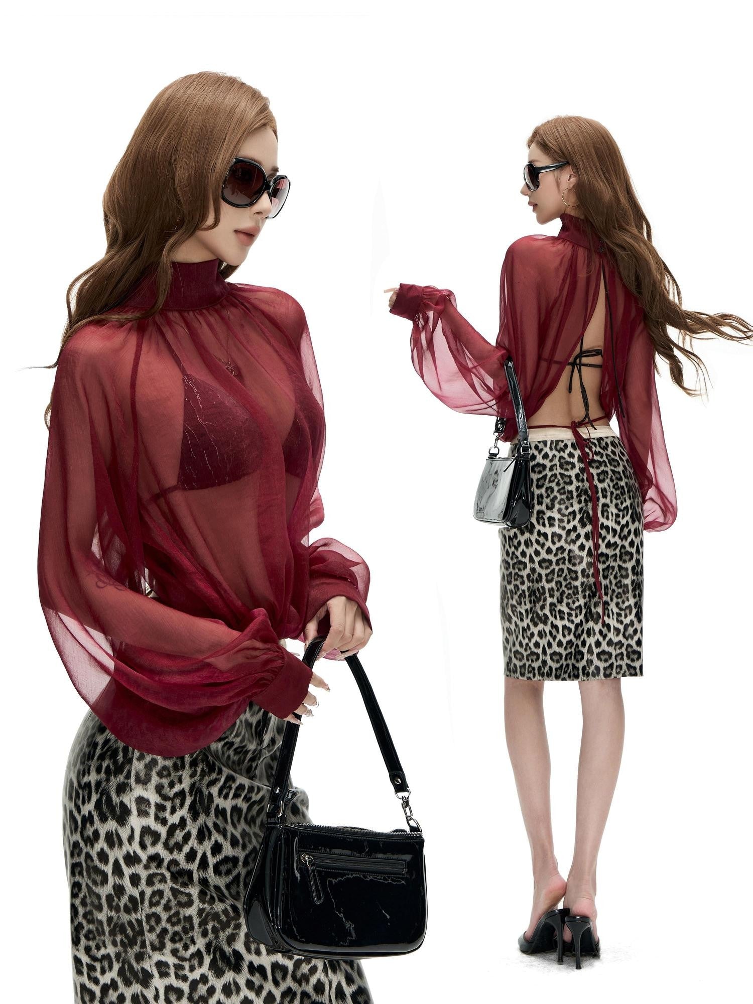 Fanptntox Sheer Stand Collar Lantern Sleeve Cuffed Women's Polyester Chiffon Blouses