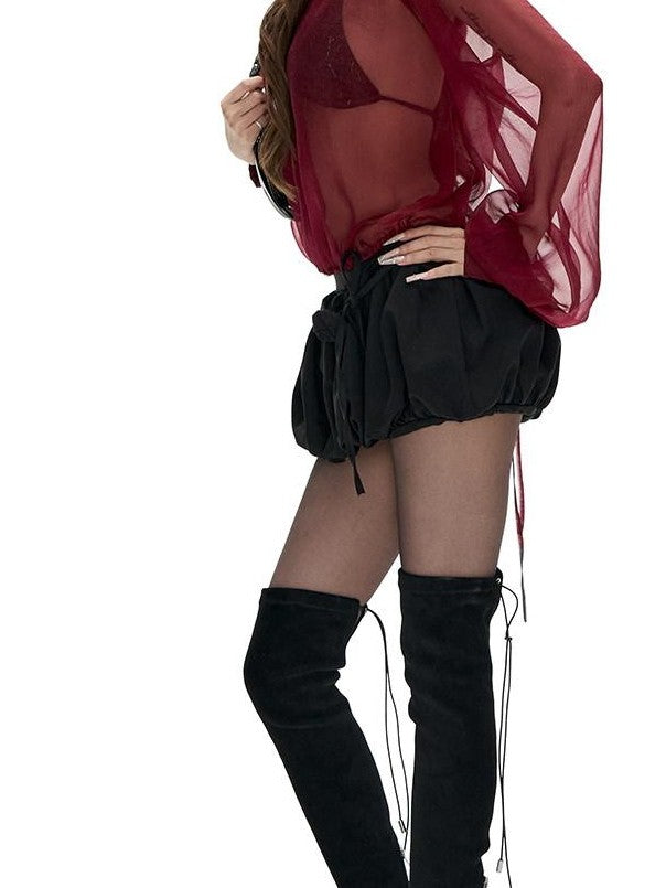 Fanptntox Sheer Stand Collar Lantern Sleeve Cuffed Women's Polyester Chiffon Blouses