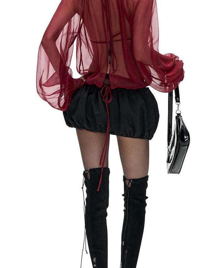 Fanptntox Sheer Stand Collar Lantern Sleeve Cuffed Women's Polyester Chiffon Blouses