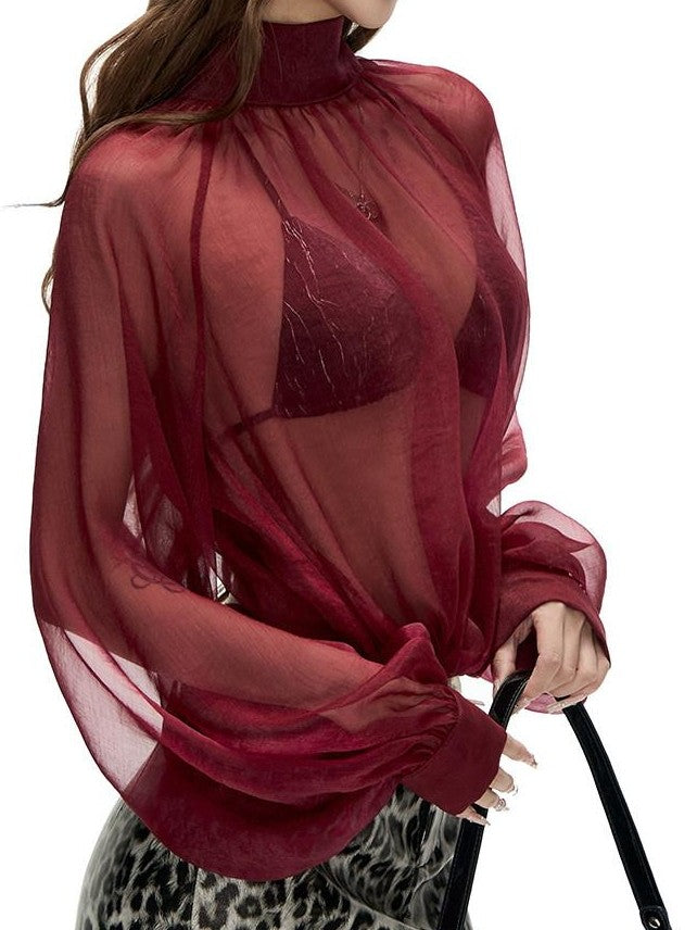 Fanptntox Sheer Stand Collar Lantern Sleeve Cuffed Women's Polyester Chiffon Blouses