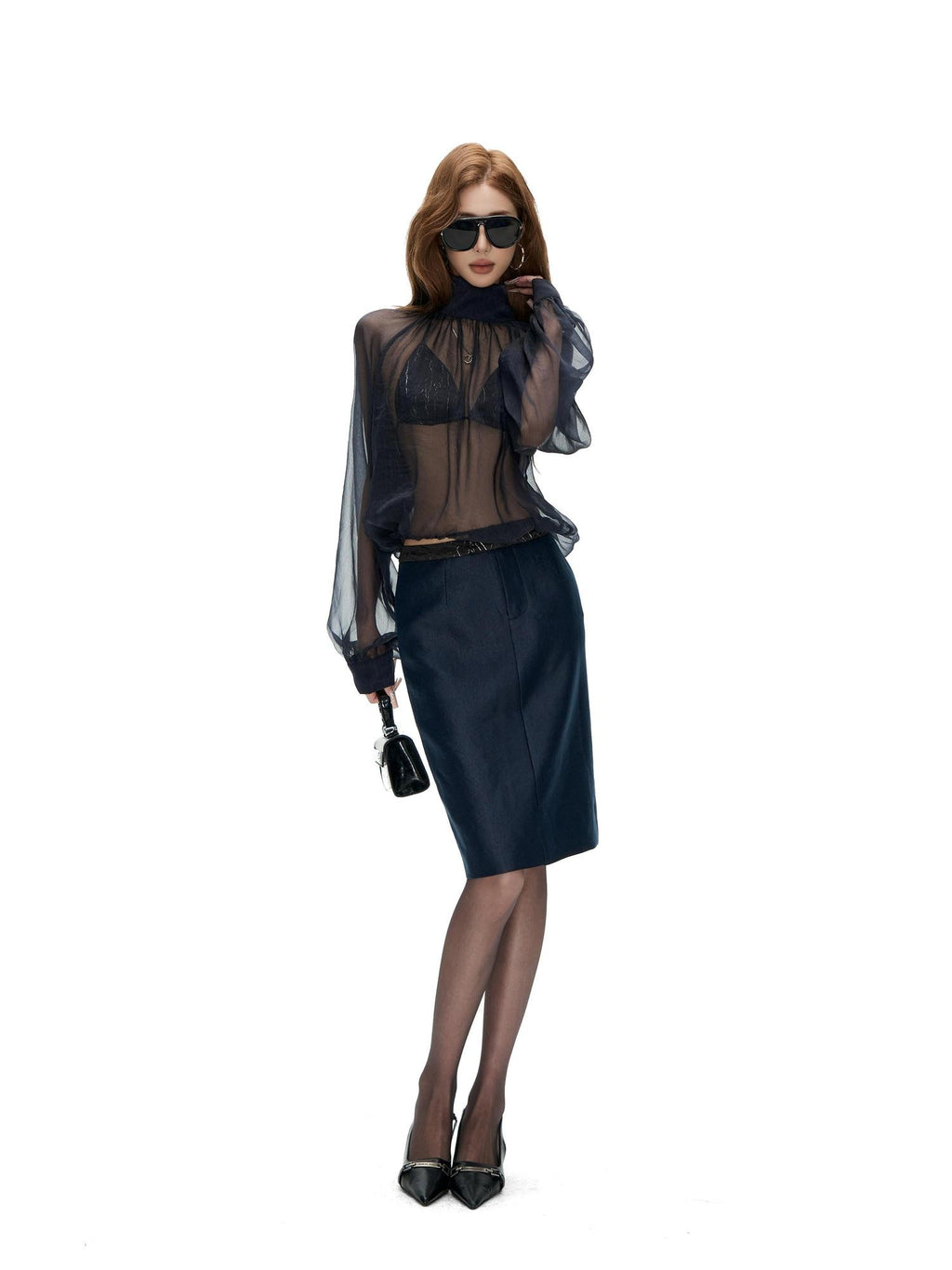 Fanptntox Sheer Stand Collar Long Cuffed Sleeve Women's Polyester Matching Skirt Sets