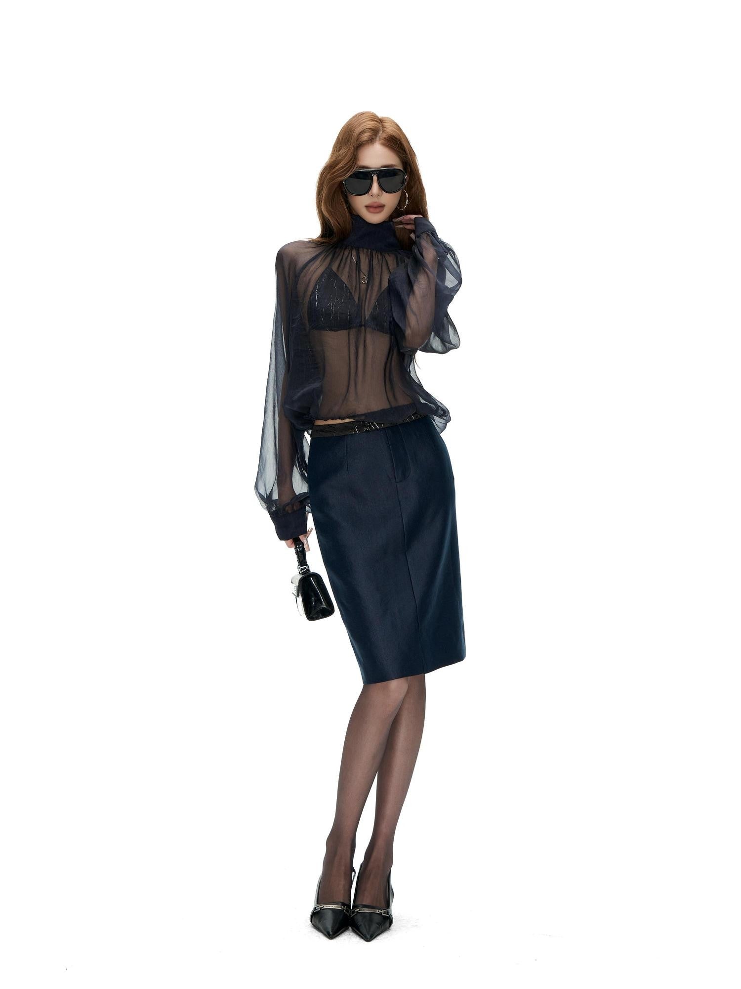 Fanptntox Sheer Stand Collar Long Cuffed Sleeve Women's Polyester Matching Skirt Sets