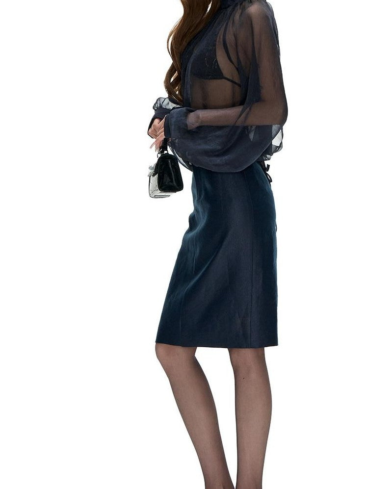 Fanptntox Sheer Stand Collar Long Cuffed Sleeve Women's Polyester Matching Skirt Sets