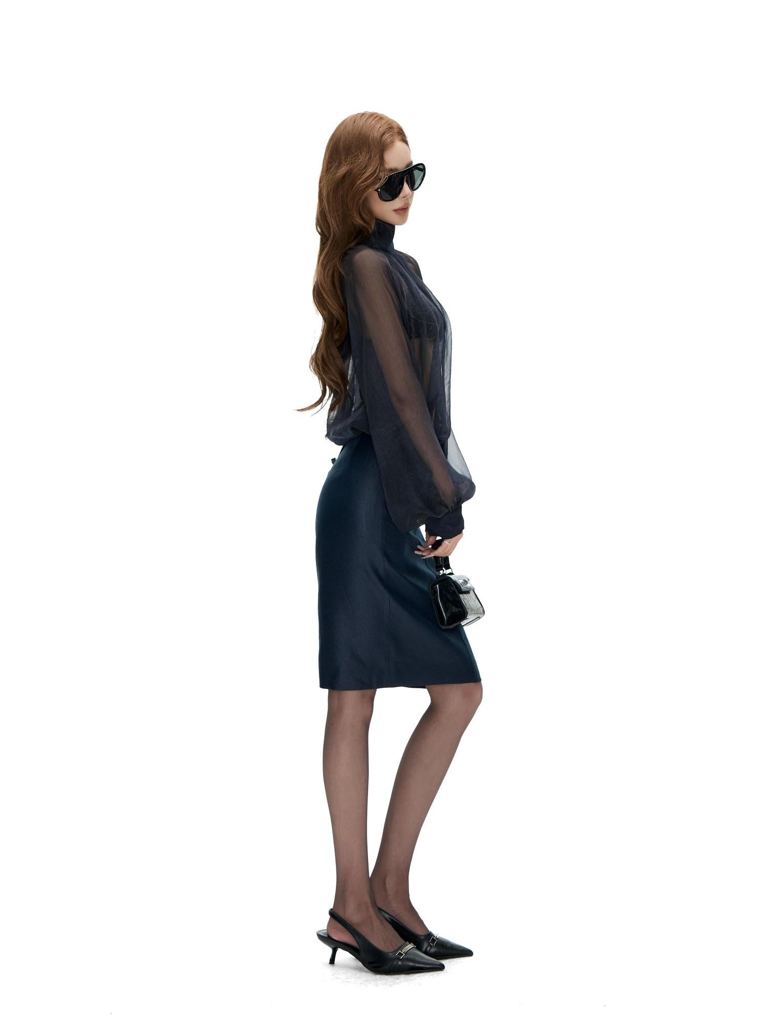 Fanptntox Sheer Stand Collar Long Cuffed Sleeve Women's Polyester Matching Skirt Sets