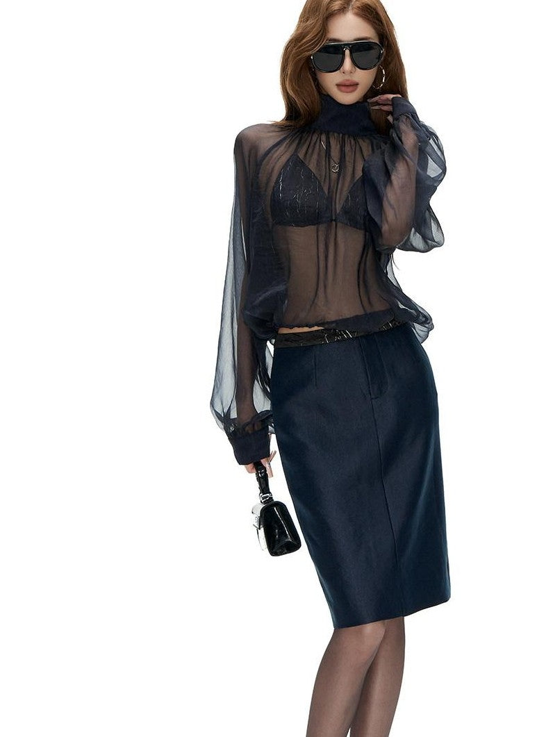 Fanptntox Sheer Stand Collar Long Cuffed Sleeve Women's Polyester Matching Skirt Sets