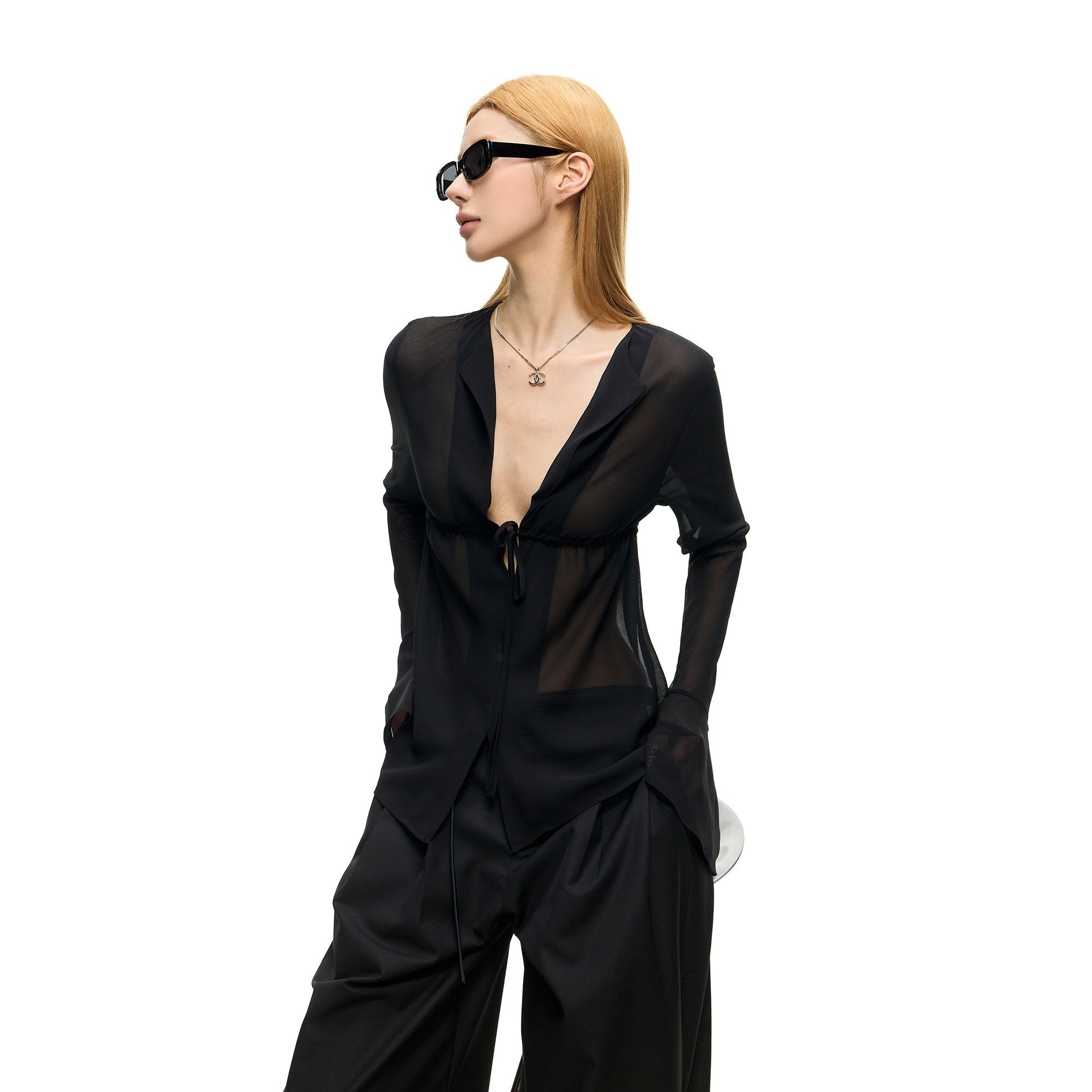 Fanptntox_Sheer_V-neck_Bell_Sleeve_Slim_Fit_Women's_Woven_Mesh_Tie-front_Shirts_1048025633013_MISSTT