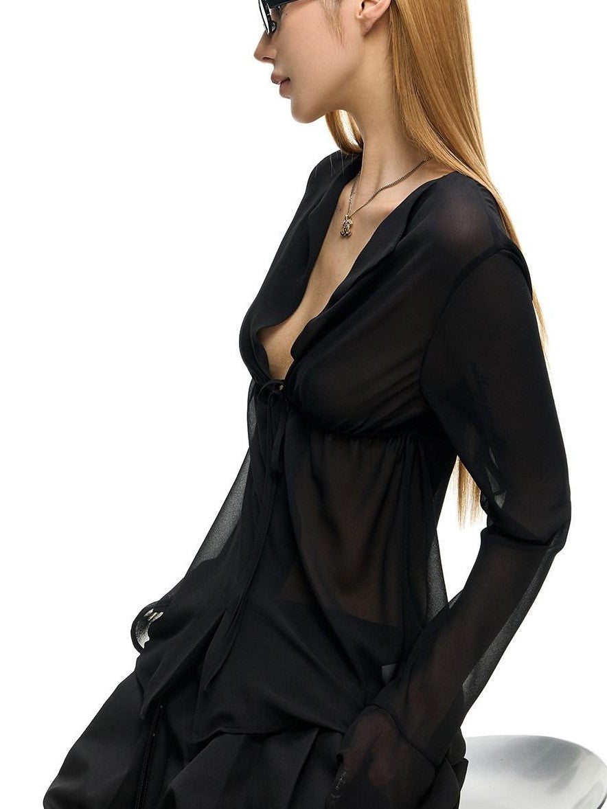 Fanptntox Sheer V-neck Bell Sleeve Slim Fit Women's Woven Mesh Tie-front Shirts