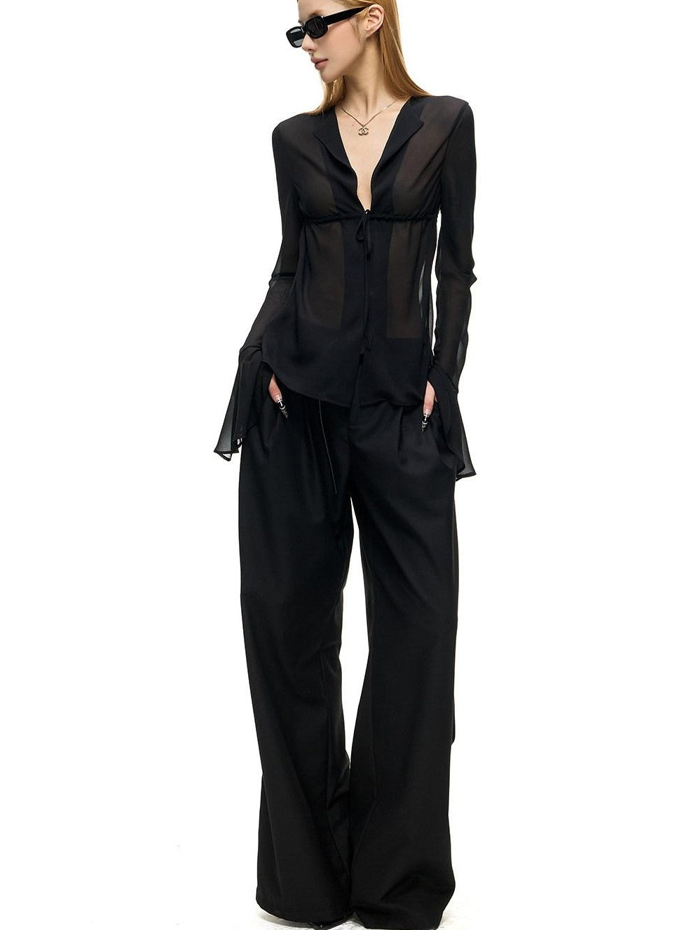 Fanptntox Sheer V-neck Bell Sleeve Slim Fit Women's Woven Mesh Tie-front Shirts