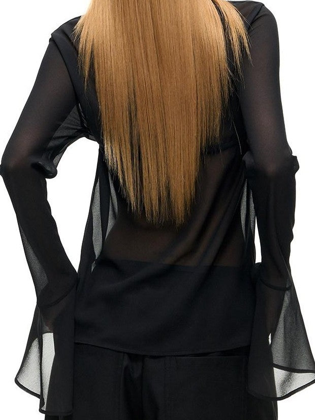 Fanptntox Sheer V-neck Bell Sleeve Slim Fit Women's Woven Mesh Tie-front Shirts