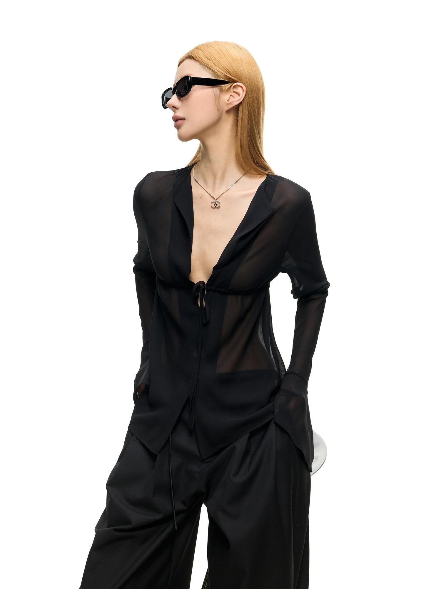Fanptntox Sheer V-neck Bell Sleeve Slim Fit Women's Woven Mesh Tie-front Shirts