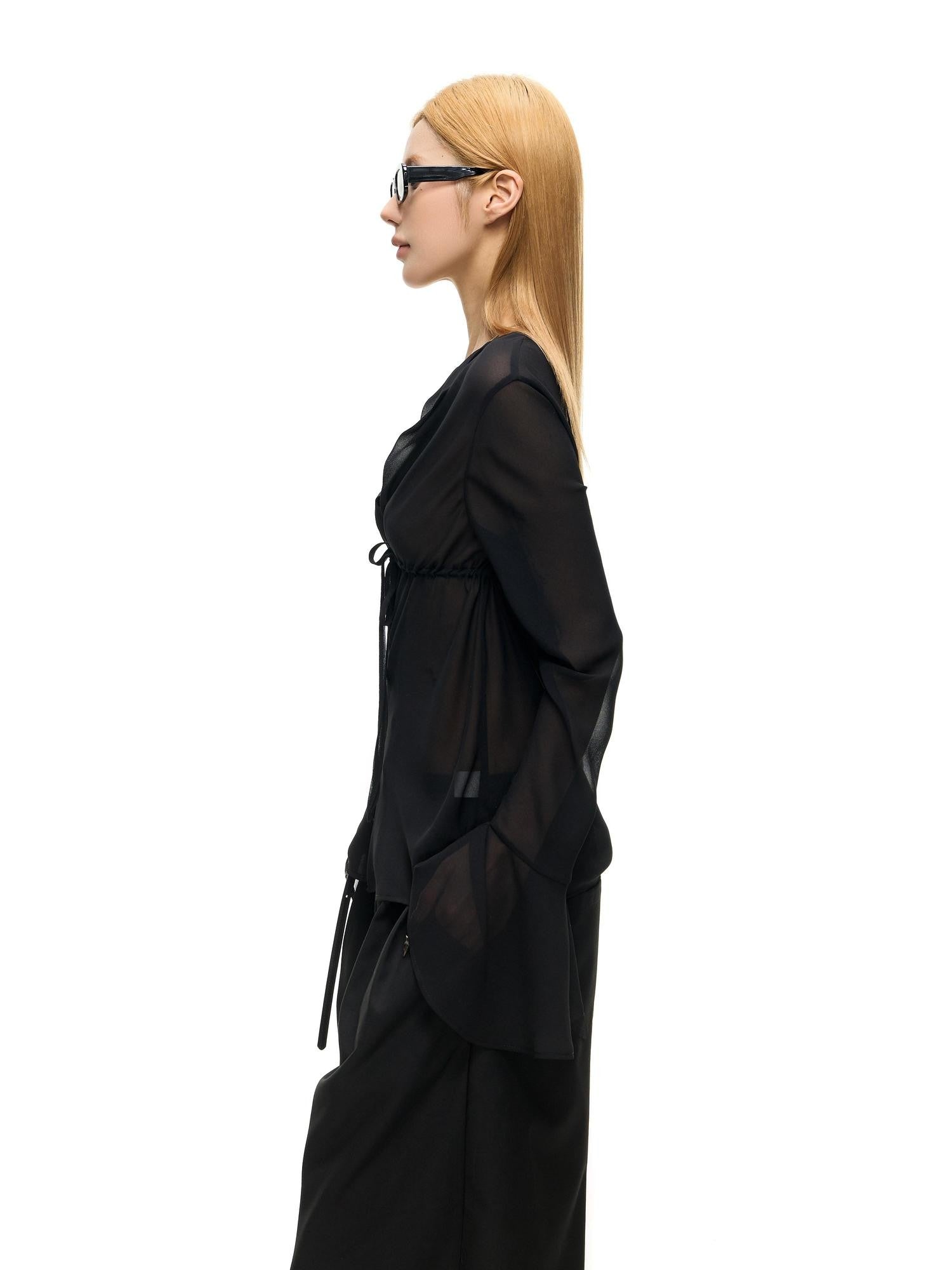 Fanptntox Sheer V-neck Bell Sleeve Slim Fit Women's Woven Mesh Tie-front Shirts