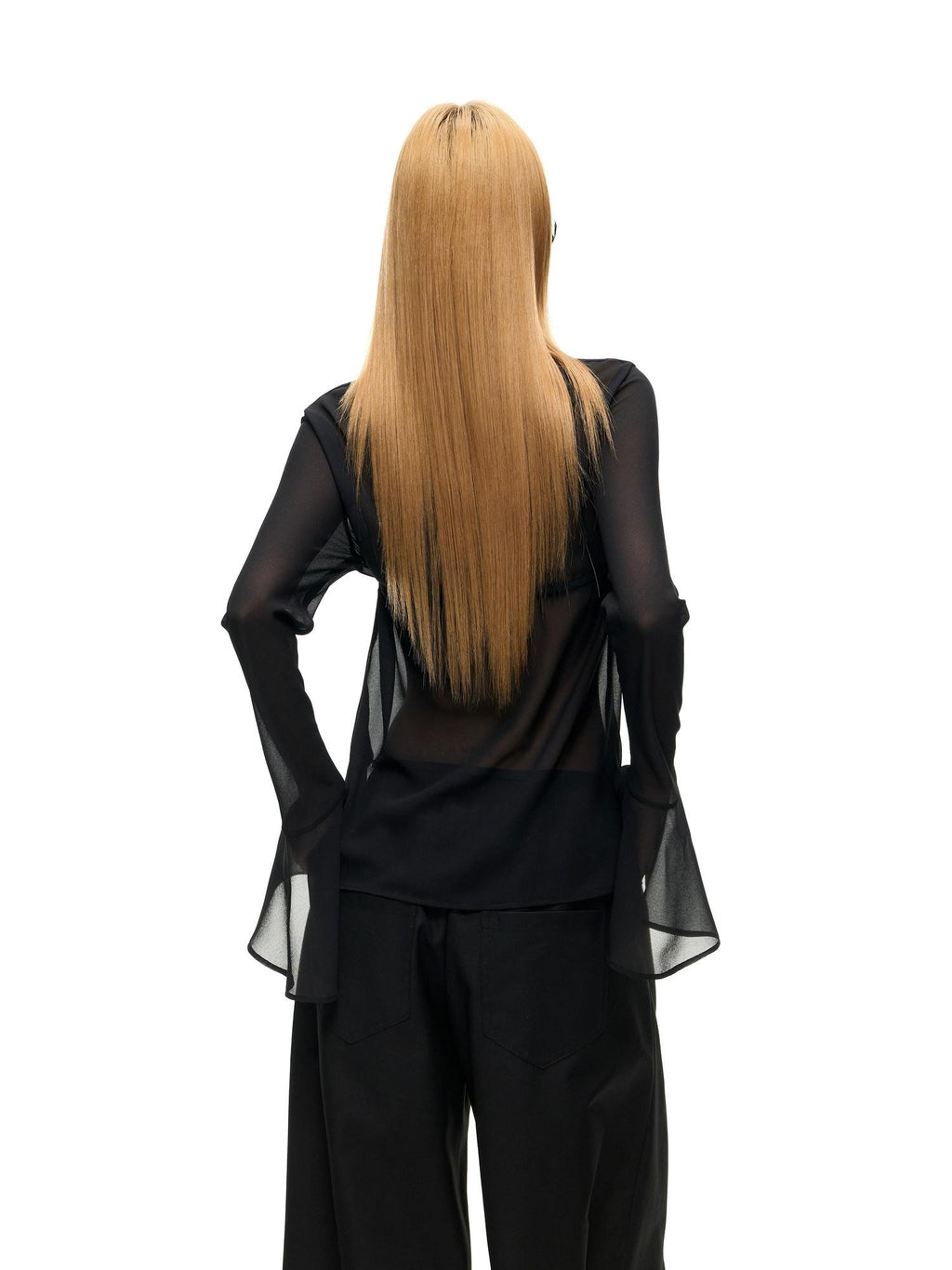 Fanptntox Sheer V-neck Bell Sleeve Slim Fit Women's Woven Mesh Tie-front Shirts