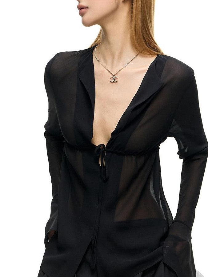 Fanptntox Sheer V-neck Bell Sleeve Slim Fit Women's Woven Mesh Tie-front Shirts