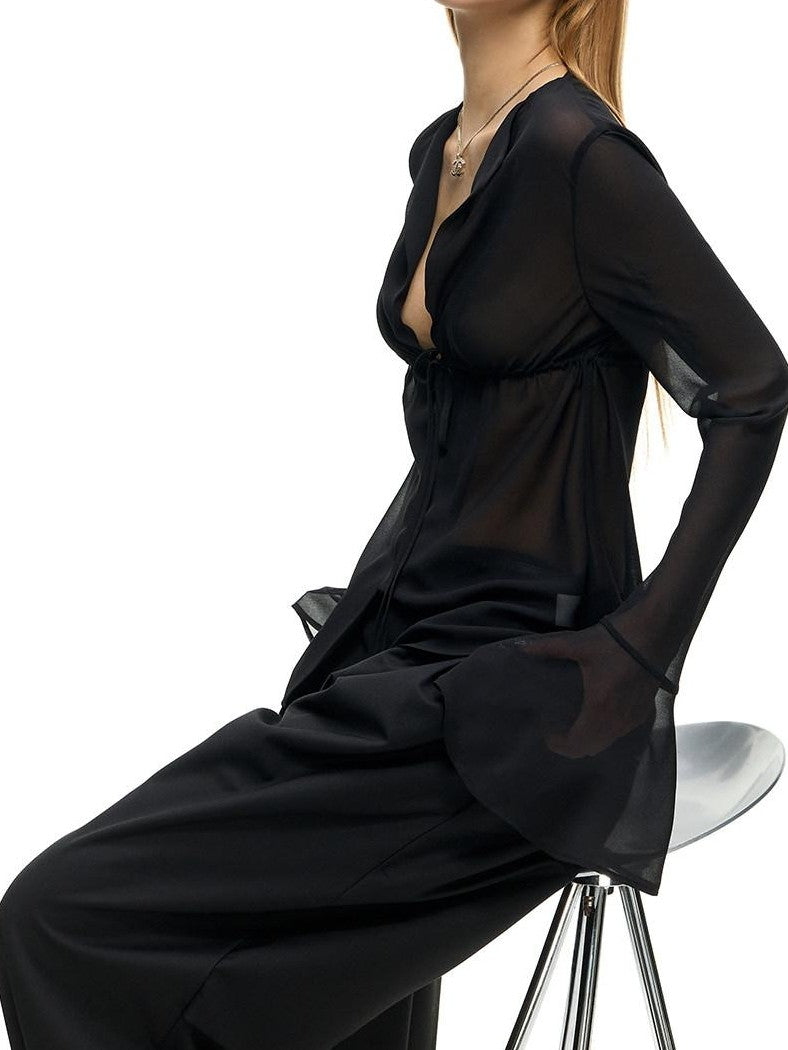 Fanptntox Sheer V-neck Bell Sleeve Slim Fit Women's Woven Mesh Tie-front Shirts