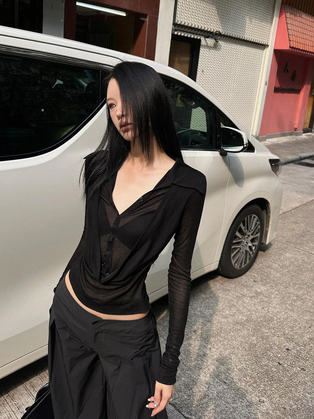 Fanptntox Sheer V-neck Faux Two Piece Sexy Street Women's Polyester Blend Shirts