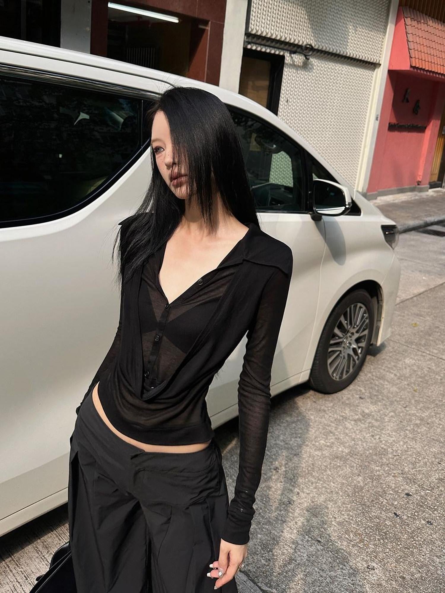Fanptntox Sheer V-neck Faux Two Piece Sexy Street Women's Polyester Blend Shirts