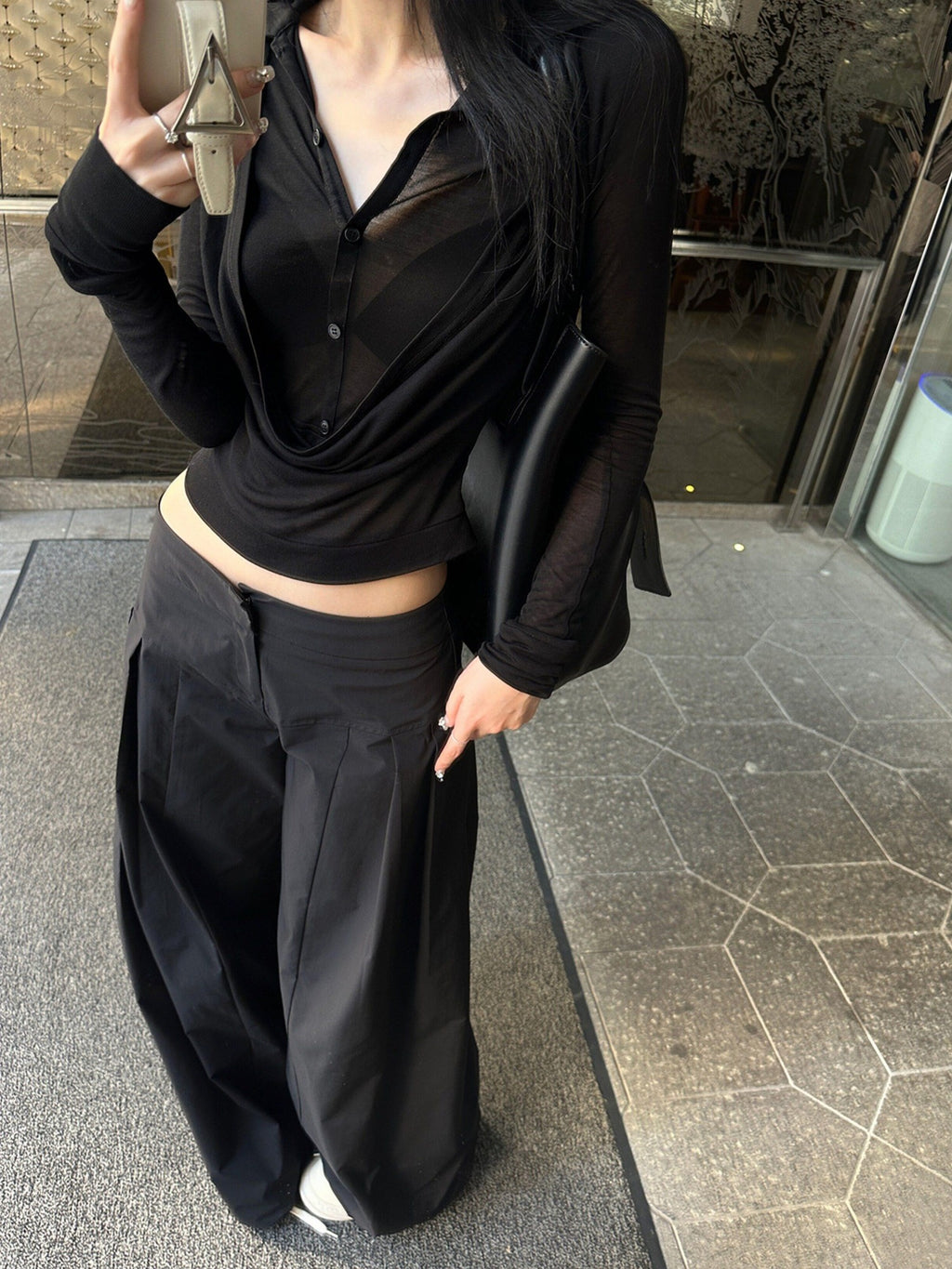 Fanptntox Sheer V-neck Faux Two Piece Sexy Street Women's Polyester Blend Shirts