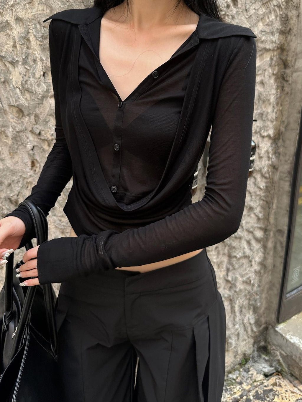Fanptntox Sheer V-neck Faux Two Piece Sexy Street Women's Polyester Blend Shirts