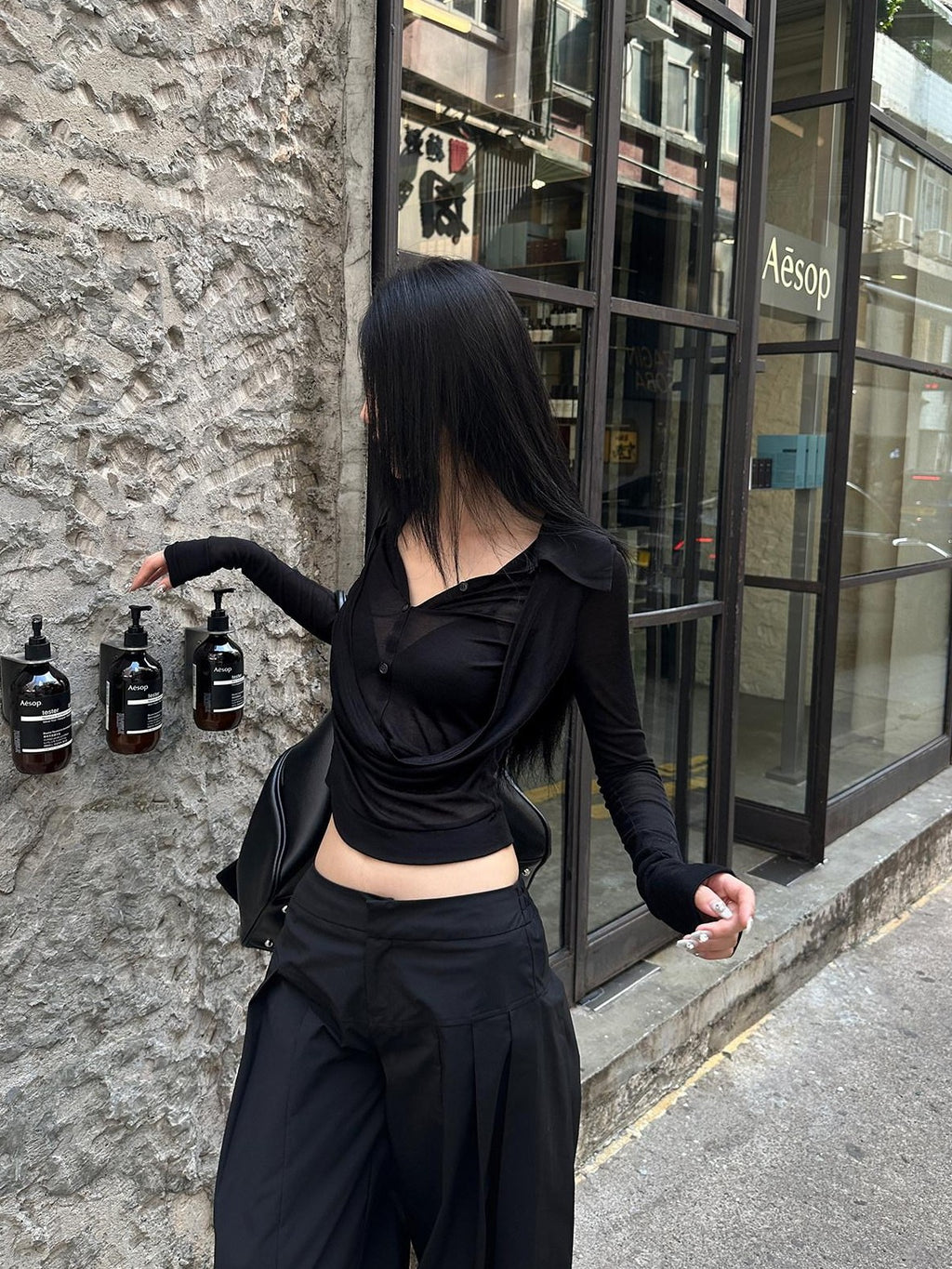 Fanptntox Sheer V-neck Faux Two Piece Sexy Street Women's Polyester Blend Shirts