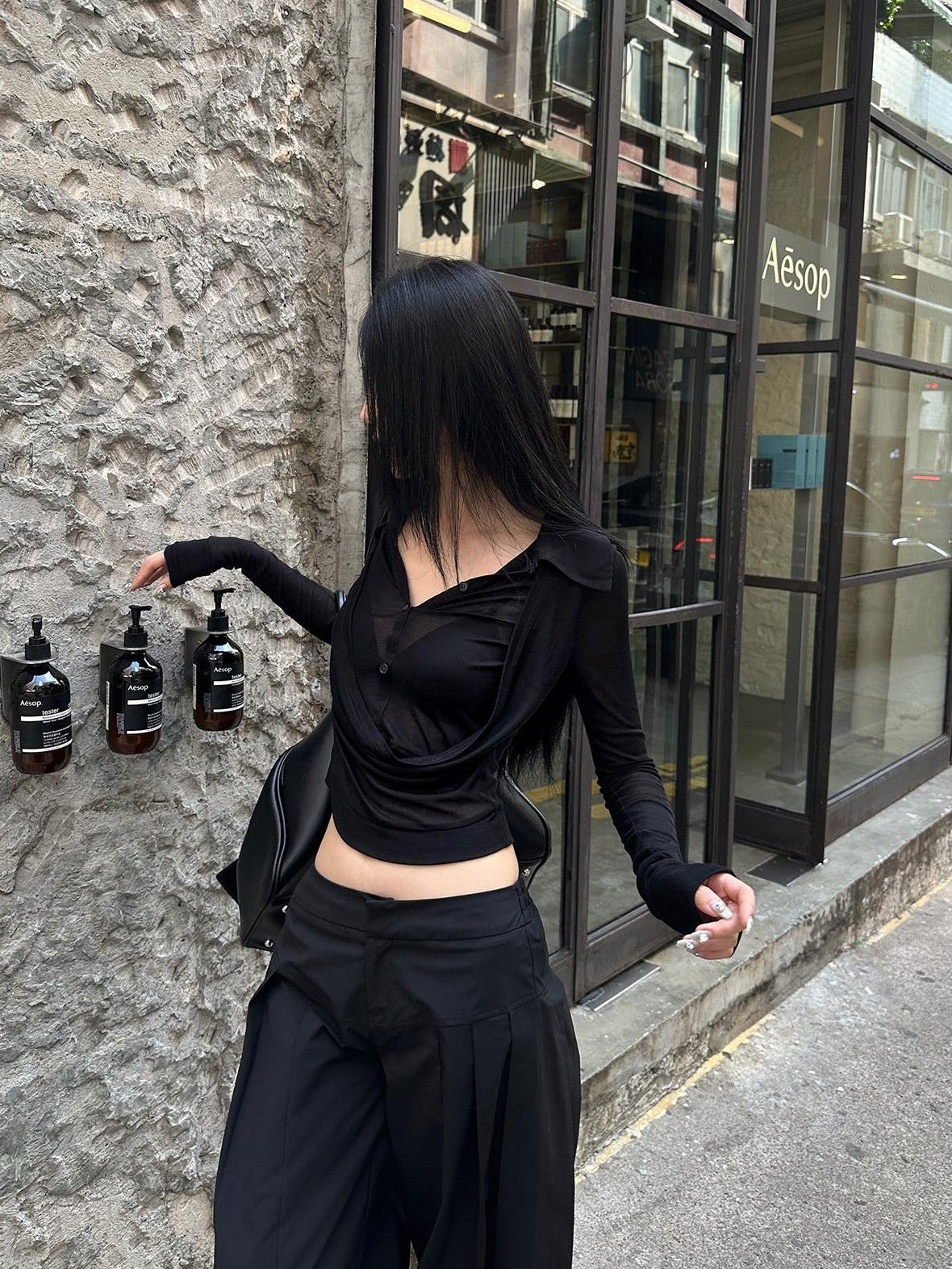 Fanptntox Sheer V-neck Faux Two Piece Sexy Street Women's Polyester Blend Shirts