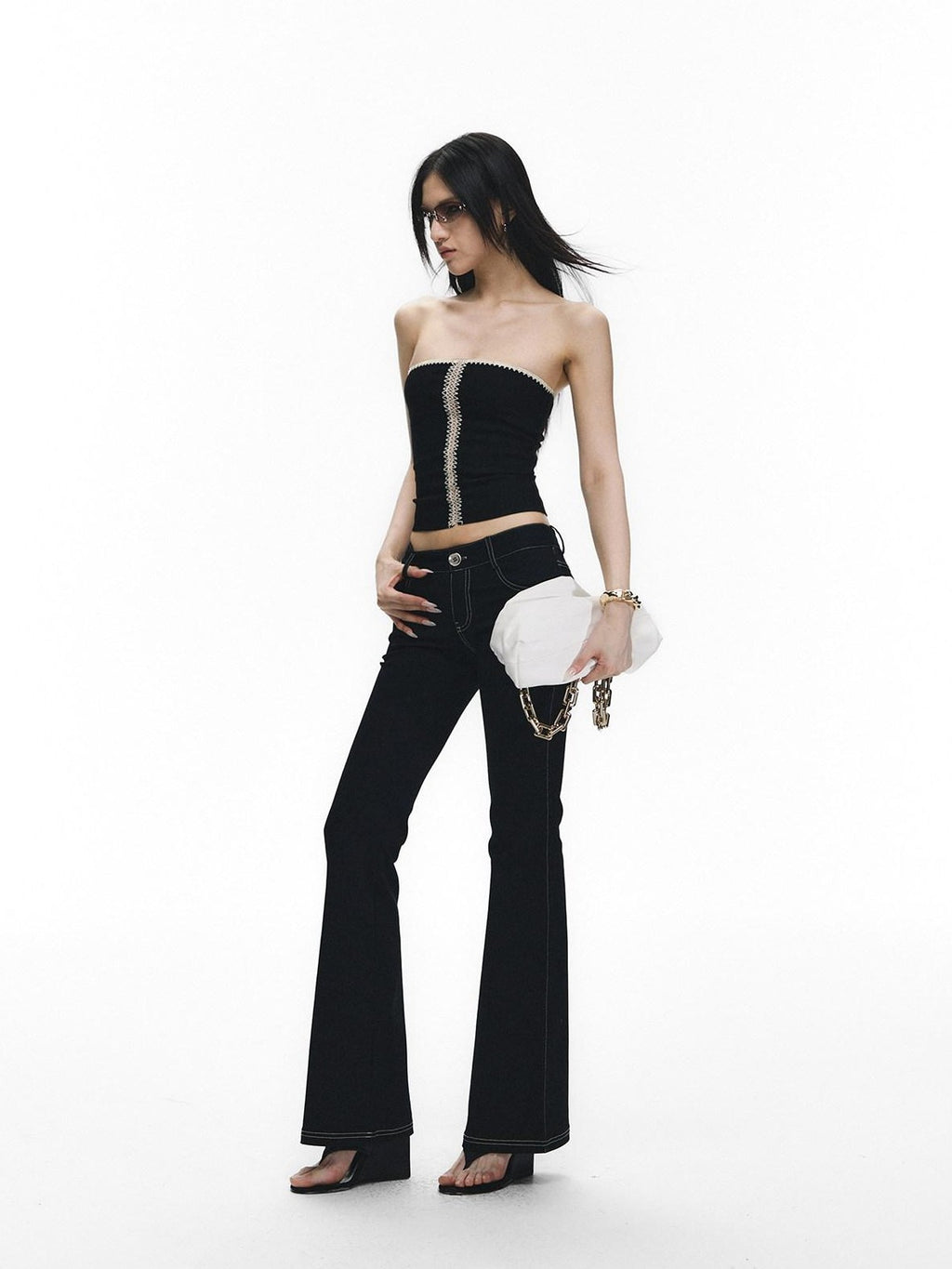 Fanptntox Shell Embroidery Patchwork Cropped Tube Women's Casual Top & Pants Sets