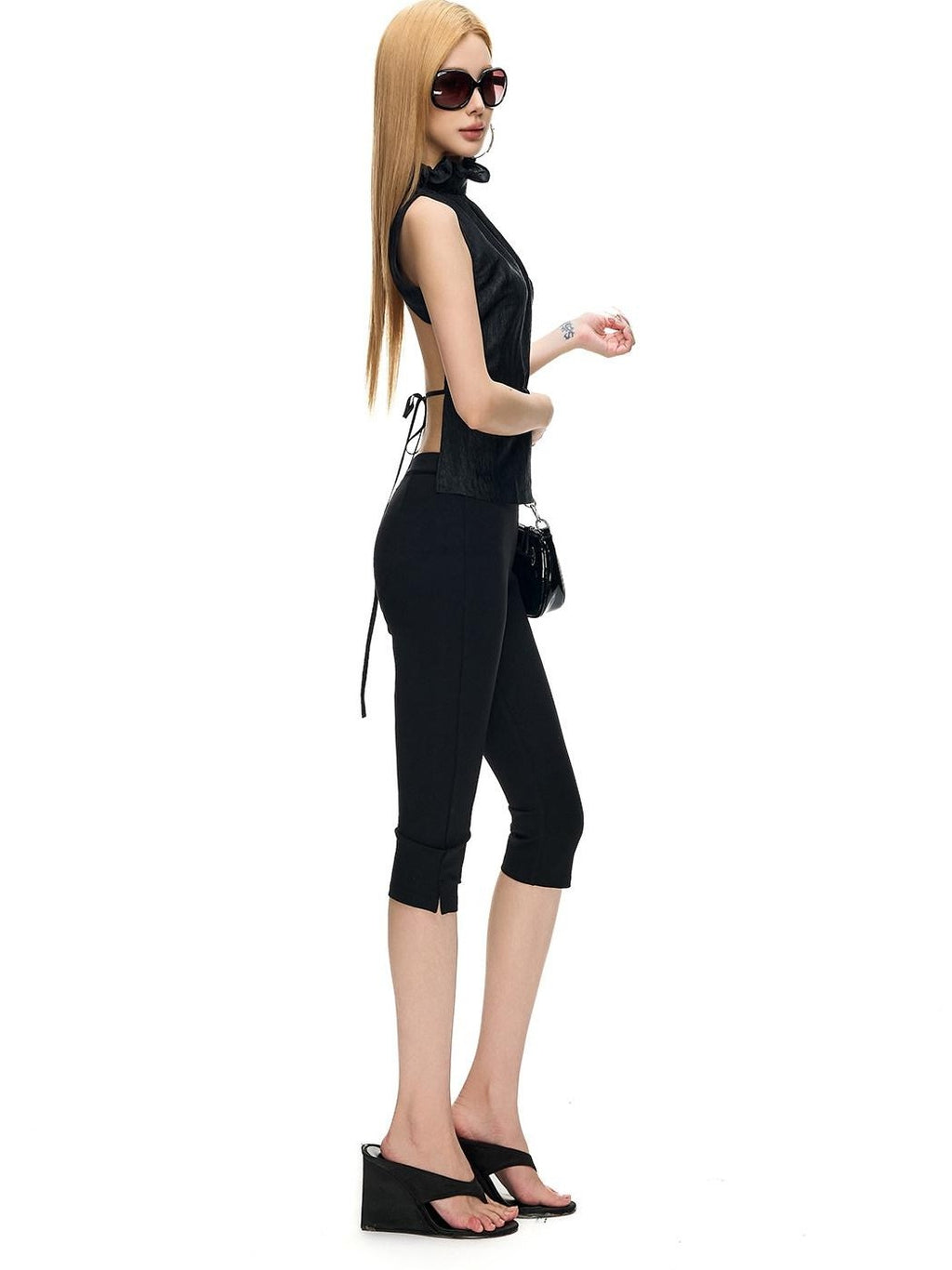 Fanptntox Shimmery Ruched Backless Ruffle Collar Women's Acetate Blend Tank Tops