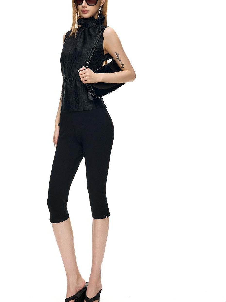 Fanptntox Shimmery Ruched Backless Ruffle Collar Women's Acetate Blend Tank Tops