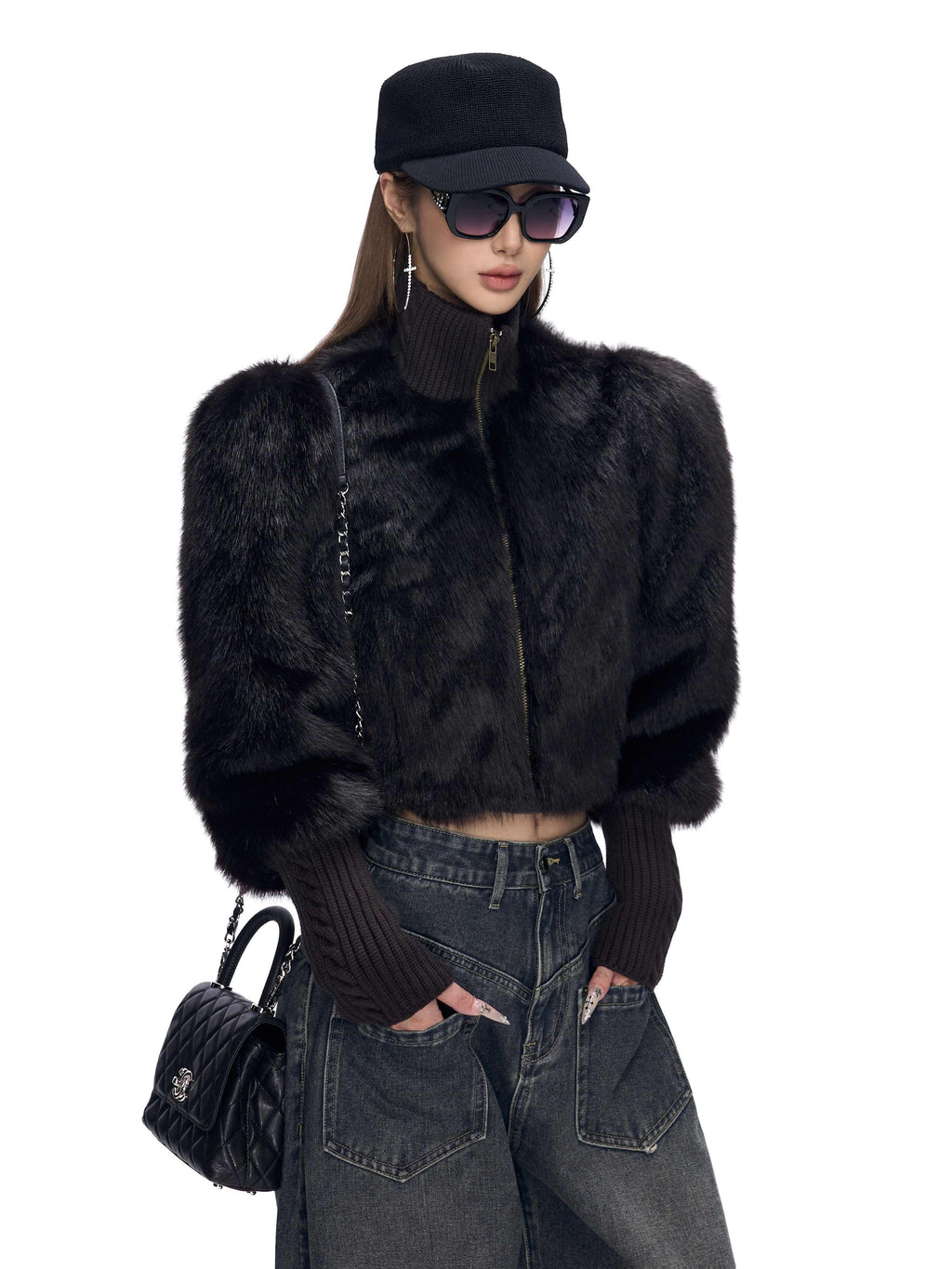 Fanptntox_Short_Stand_Collar_Knit_Ribbed_Spliced_Cuffs_Women's_Polyester_Faux_Fur_Coats_987766369746_MISSTT